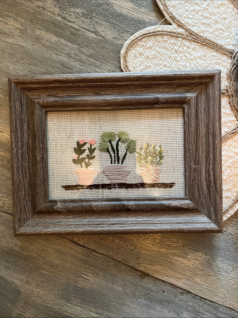 Rustic Brown Framed Embroidered Plant Art - Brown